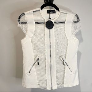 P Luca Milano Mesh Panel White cap sleeve zip up top